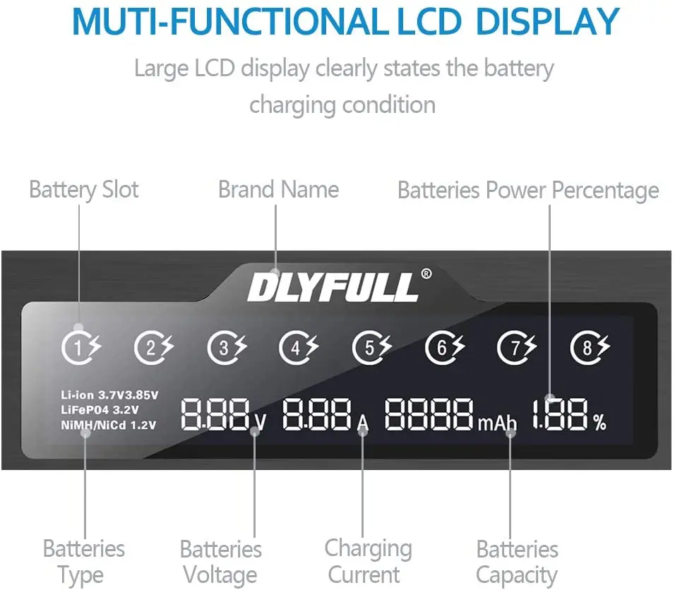 Универсальное умное зарядное устройство Dlyfull M8 LCD для 3 7 в li ion 2 LiFePO4 1 Ni MH/Cd блок 9