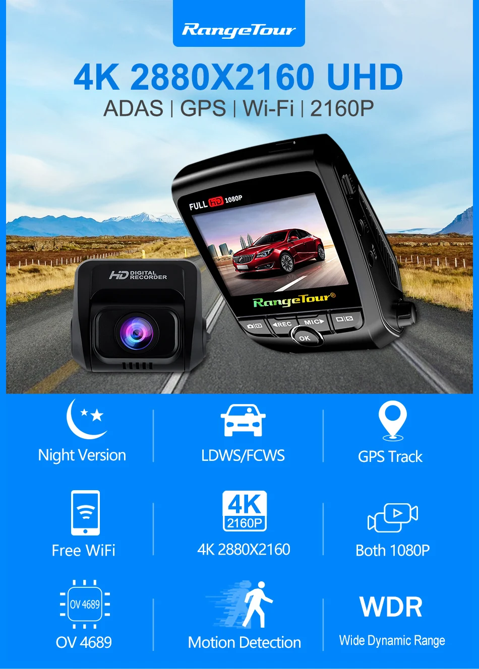 Автомобильный видеорегистратор 4K 2160P gps WiFi ADAS Dash Cam с двумя объективами 1080P+ 1080P автомобильная камера