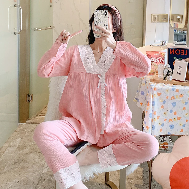 

Summer Thin Light Gauze Cotton Maternity Nursing Sleepwear Sets Loose Feeding Pajamas Clothes for Pregnant Women Pregnancy Home