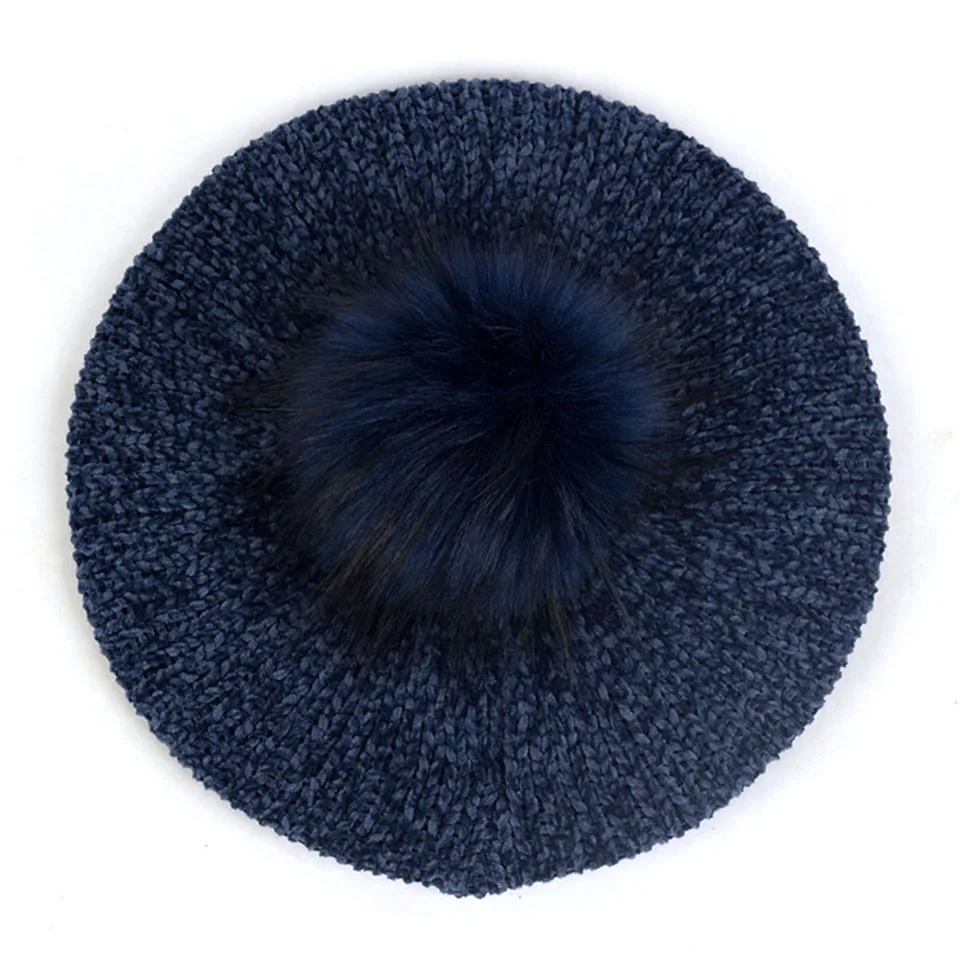 Женские Модные береты с помпон из искуственного меха Pom Chenille мягкие зимние теплые шапки женские французские художники берет шапки для волос Повседневная шапка