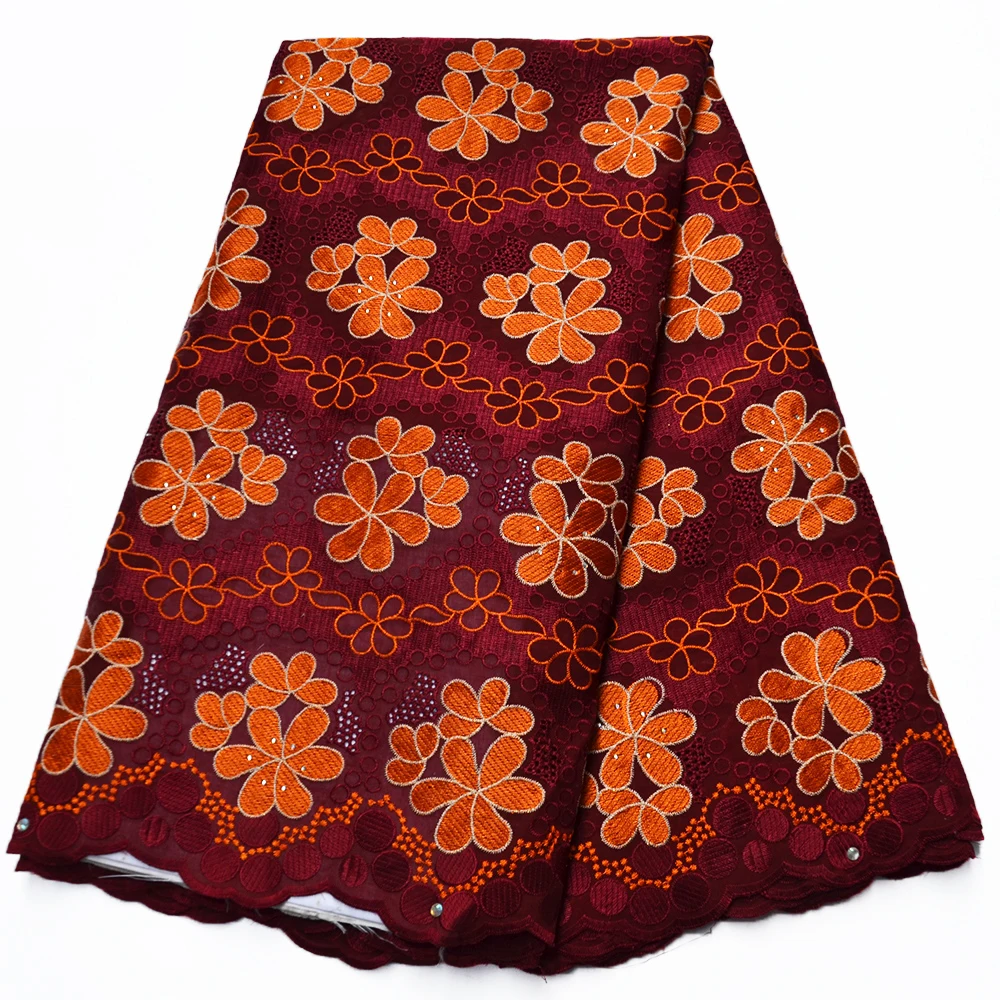 

CS high quality swiss voile lace african lace burgundy cotton lace material french lace with stones for african women 5yard