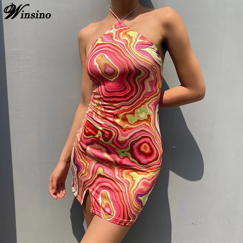 

Tie Dye Dress Sexy Backless Halter Dress Women Summer 2021Y2K Fashion Party Club Sleeveless Mini Dresses Off Shoulder Streetwear