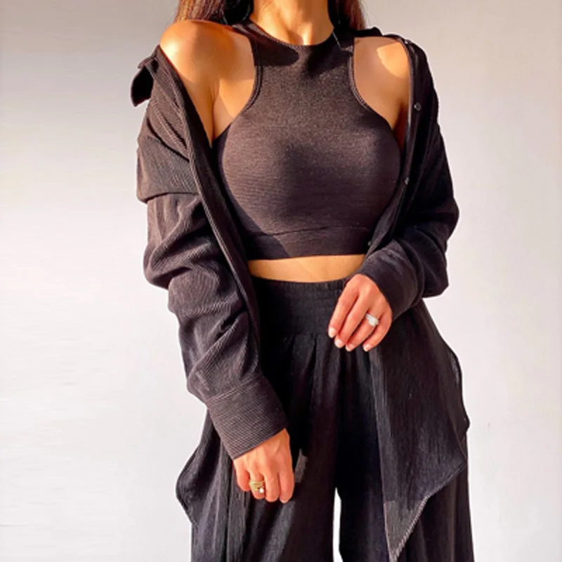

Casual Solid Button Lady Set Autumn Winter Ribbed Three Piece Outfits Women Sexy Off Shoulder Vest Cardigan + Elastic Waist Suit