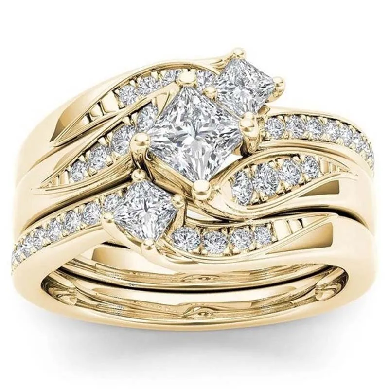 

Foydjew New 18K Gold Plated Simulation Zircon Rings European American Micro-inlaid Zircon Three Sets of Ring Engagement Rings