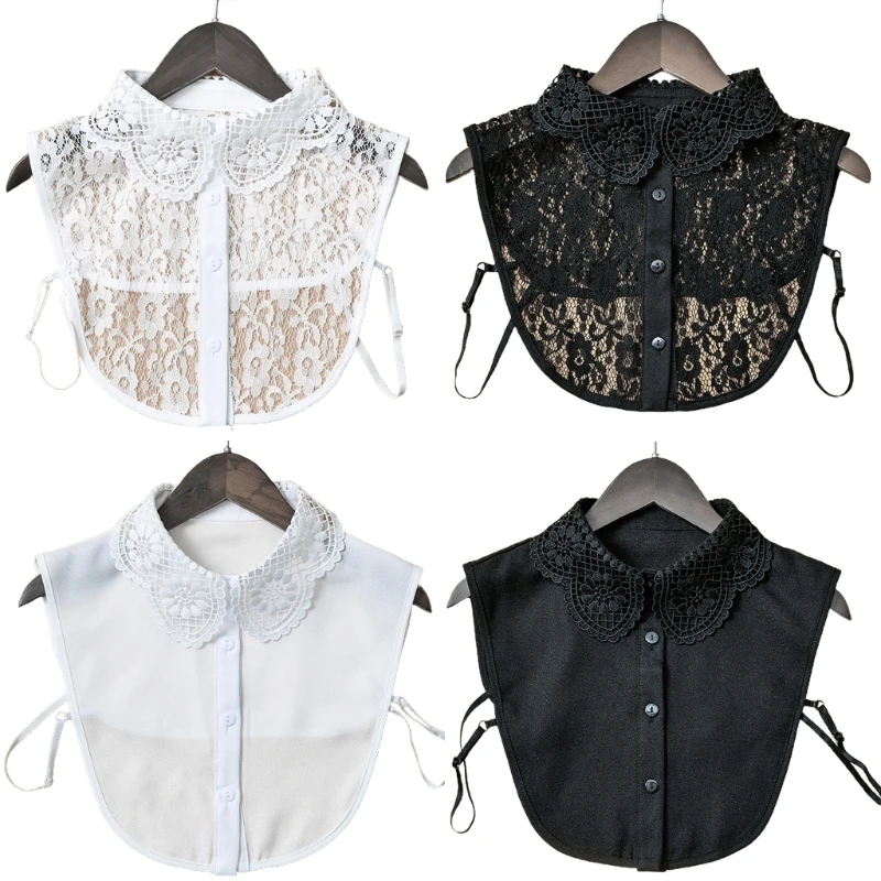 

Women Elegant Decorative Lapel Half Shirt Blouse Hollow Out Jacquard Floral Lace Breathable Button Down Detachable False Fake Co