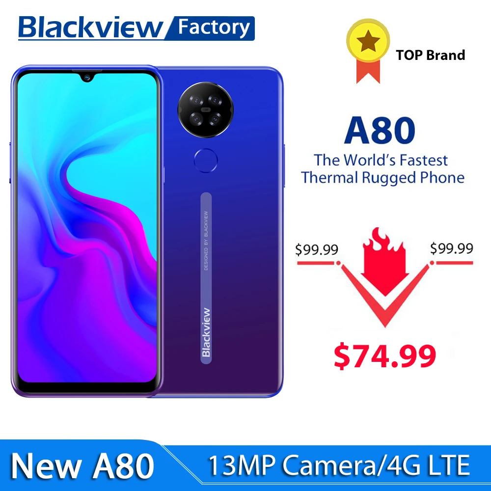 Blackview A80 Android 10 0 Go Мобильные телефоны Quad камера заднего вида 6 21 'водослива HD экран