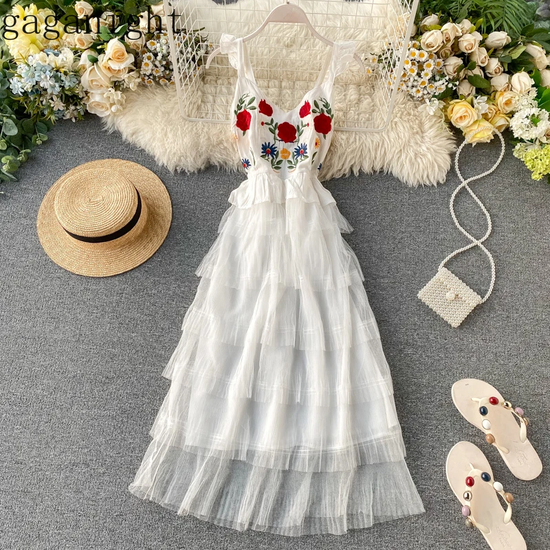 Gaganight вышивка цветочный торт женское Макси платье 2020 летние новые шикарные
