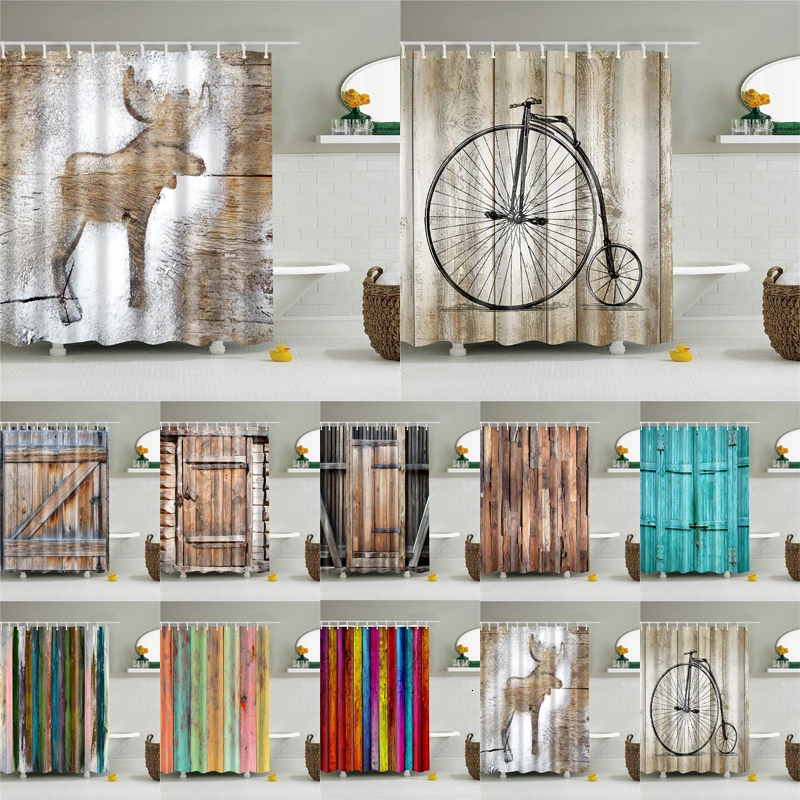 

Wooden Door Printed Shower Curtain Sets With 12 Hooks In The Bathroom Waterproof Screen Polyester Bath Curtains Decoration