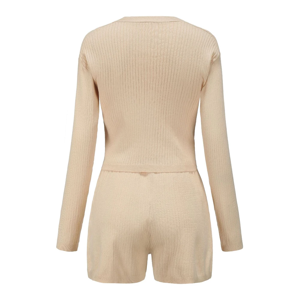 

Karlofea Boho Vacation Style Women Sets Casual Basic Ribbed Knitted Matching Suit Lovely Loose Comfort Lounge Wear Shorts Sets
