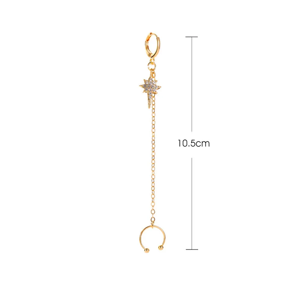 

1pc Simple Moon Star Rhinestone Long Chain Clip-on Earrings For Women Shine Sun Crescent Geometric Tassel Piercing Earrings