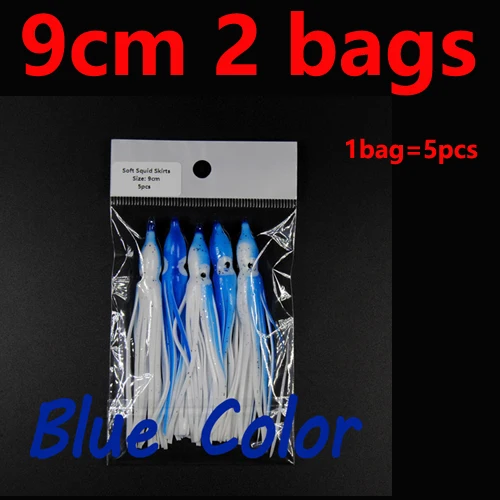 2bags 9cm blue 2 сумки 5 см 9 см мягкий Кальмар юбки светящиеся пластиковые осьминог приманка для соленой воды искусственная приманка для рыбалки разноцветные Lumo розовый синий оранжевый - Цвет: 2bags 9cm blue