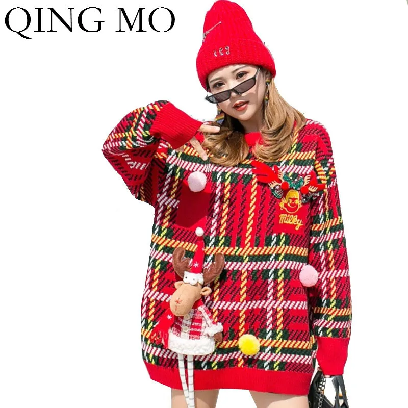 QING MO/красный женский зимний свитер Женский клетчатый с оленем толстый теплый