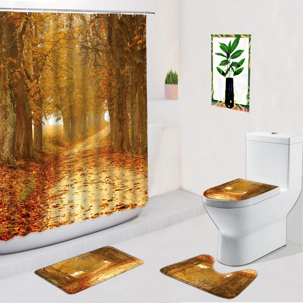 

Autumn Scenery Shower Curtains Tree Fallen Leaves Bathroom Decor Non-Slip Flannel Carpet Bath Mat Toilet Foot Mats Doormat Set