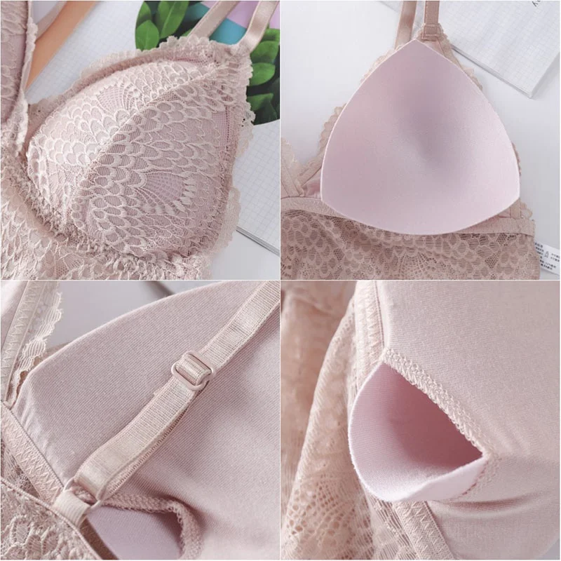 

Women French Style Bralette Seamless Deep V Lace Bras Padded Push Up Soft Underwear Without Steel Sexy Lingerie