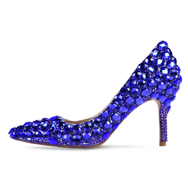 

American Handmade Diamond Pointed Shallow Mouth Blue Crystal Wedding Shoes New Fashion Banquet Sexy Leather High Heels Women