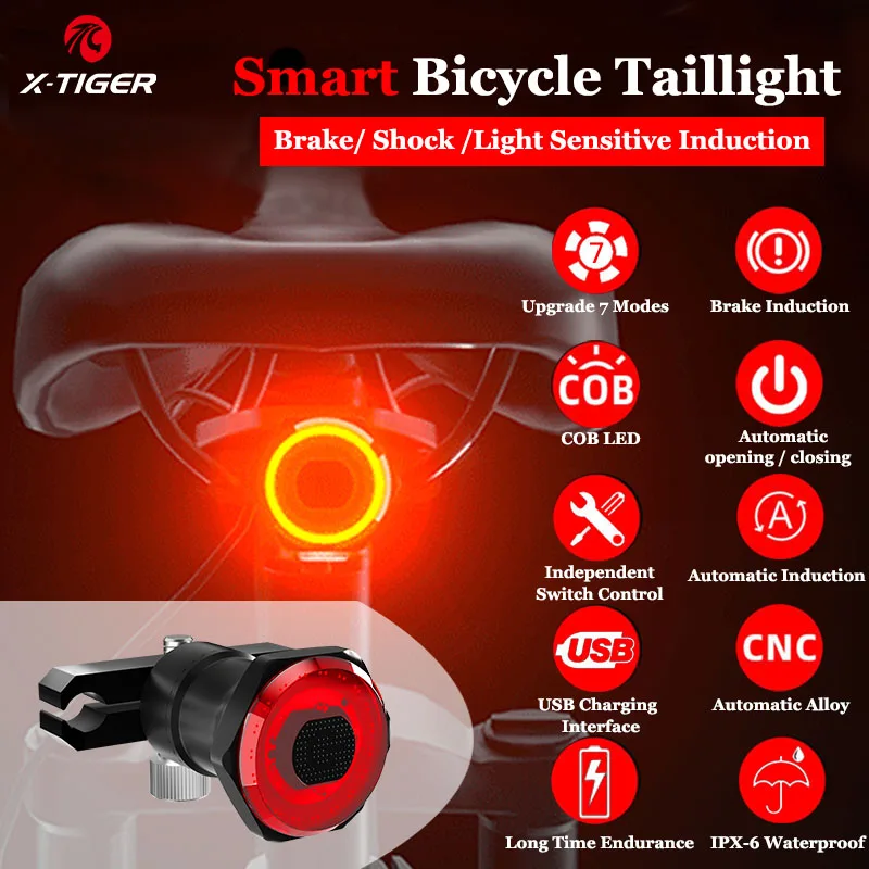 

X-Tiger Bicycle Taillight Smart Auto Brake Sensing Light Accessories Bike Light IPx6 Waterproof LED Charging Bike Rear Light