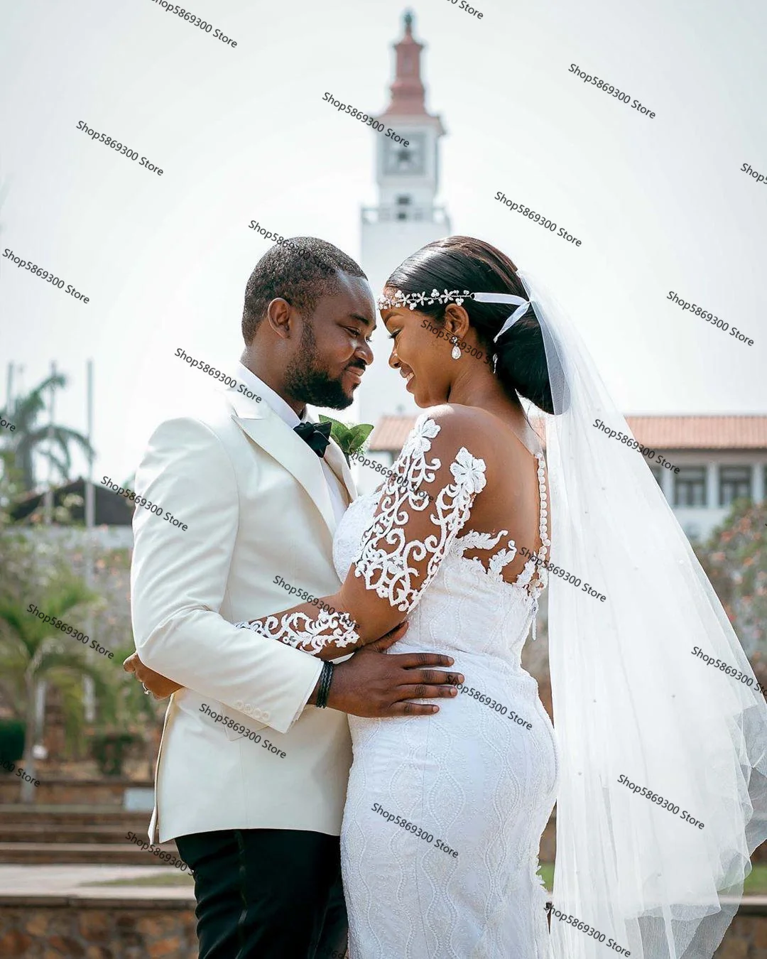 

Arabic Aso Ebi Lace Mermaid Wedding Dresses 2021 African Nigerian Sheer O-neck Long Sleeve Garden Covered Buttons Bridal Gowns