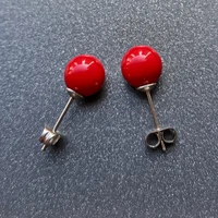size 8mm pure red natural pearls women stud earrings ear smooth ball 316 stainless steel jewelry anti allergy free