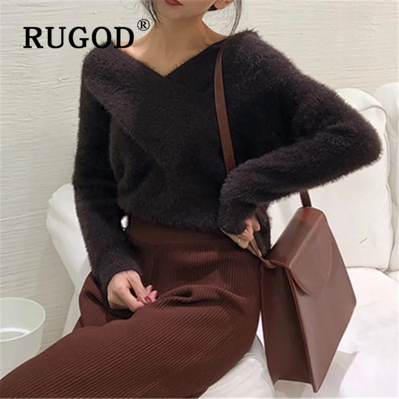 RUGOD Vintage One Shoulder Sexy Sweater Fuzzy Pullover Solid Jumper Winter Tops For Women Knitwear Stripe Plus Size Korean Style | Женская