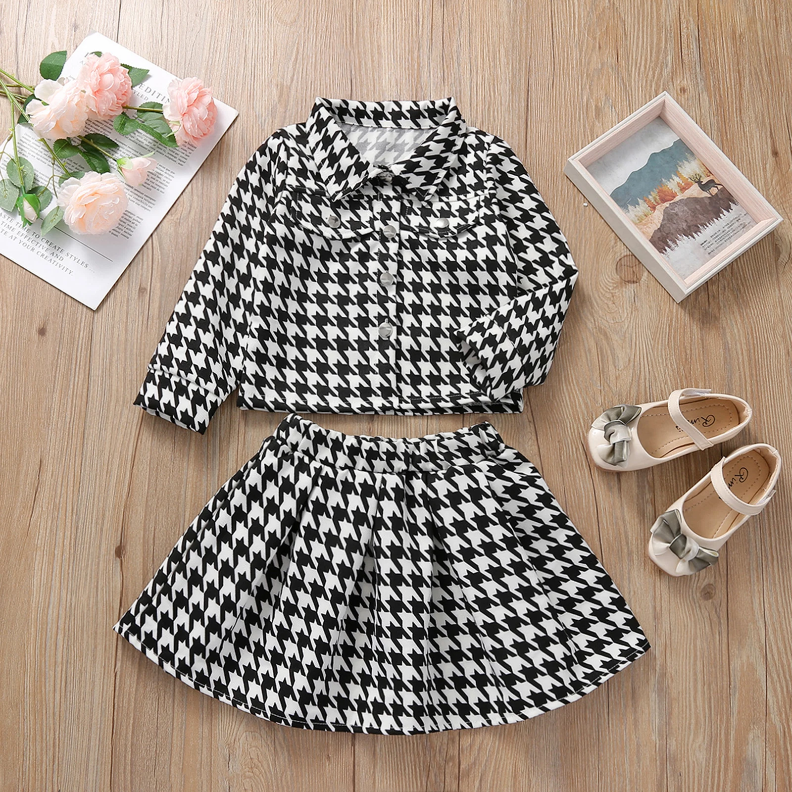 

Children's Clothing Kids Outfits Set Baby Girls Spring Autumn Skirts Casual print Turn-down Collar long sleeve coat A-line skirt