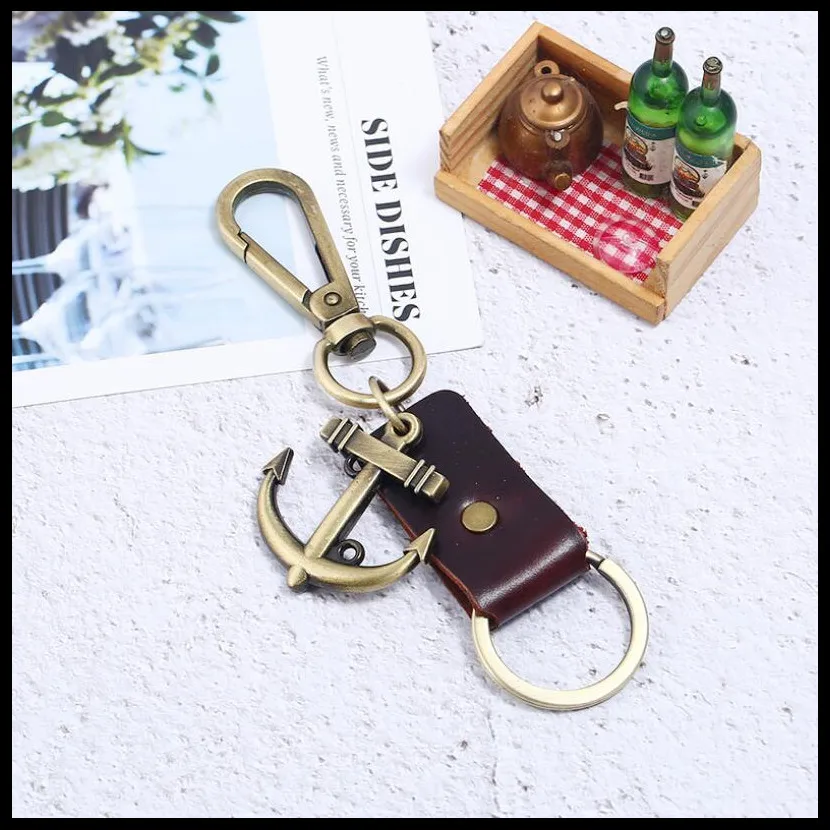 

2019 NEW Fashion Creative Cowhide + Anchor Punk KeyChain Charms Bag Ornaments Car Key Chain Exquisite Gift Keyring Wholesale