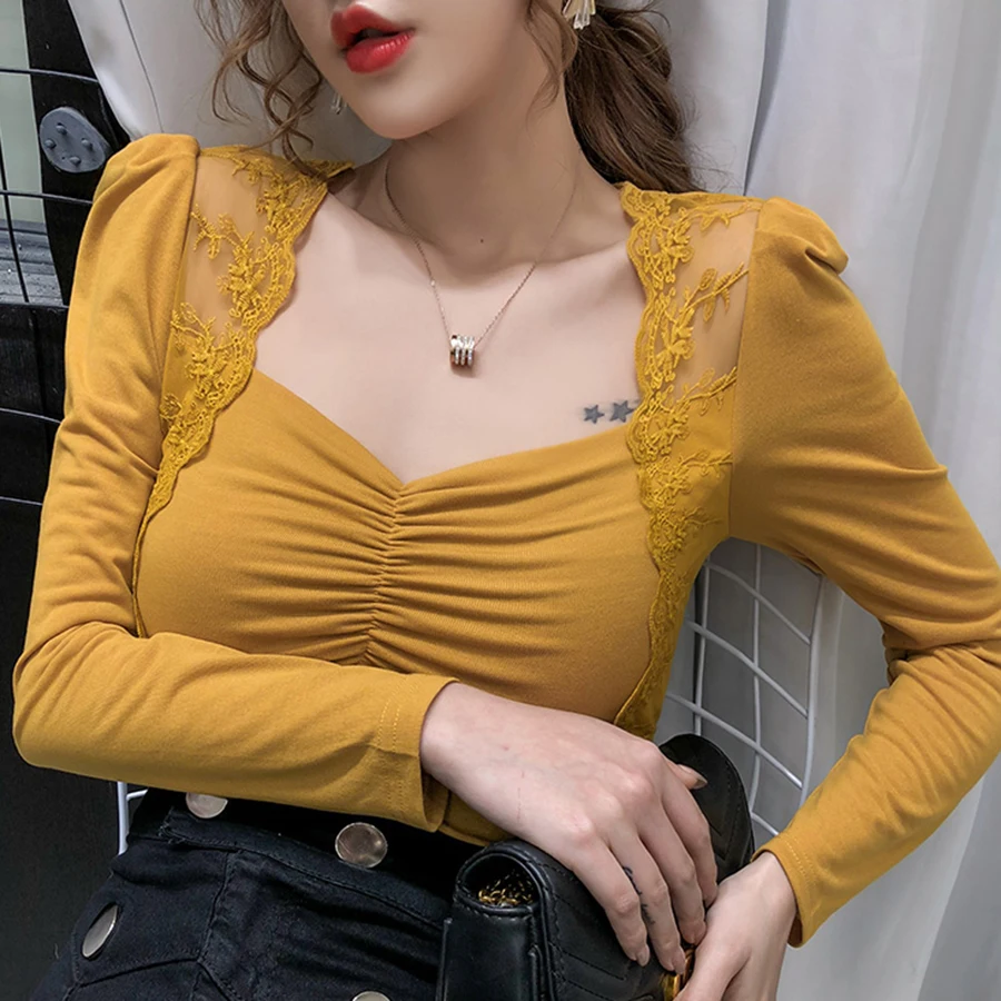 Женская блузка 2020 Весенняя Сексуальная кружевная с v-образным вырезом