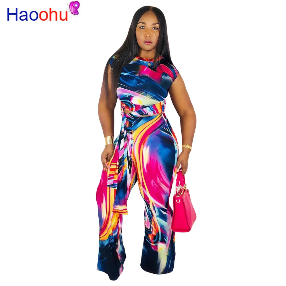 

HAOOHU summer new Sexy casual outfits tracksuit women short sleeve top flare long pants two piece set Multicolor printing