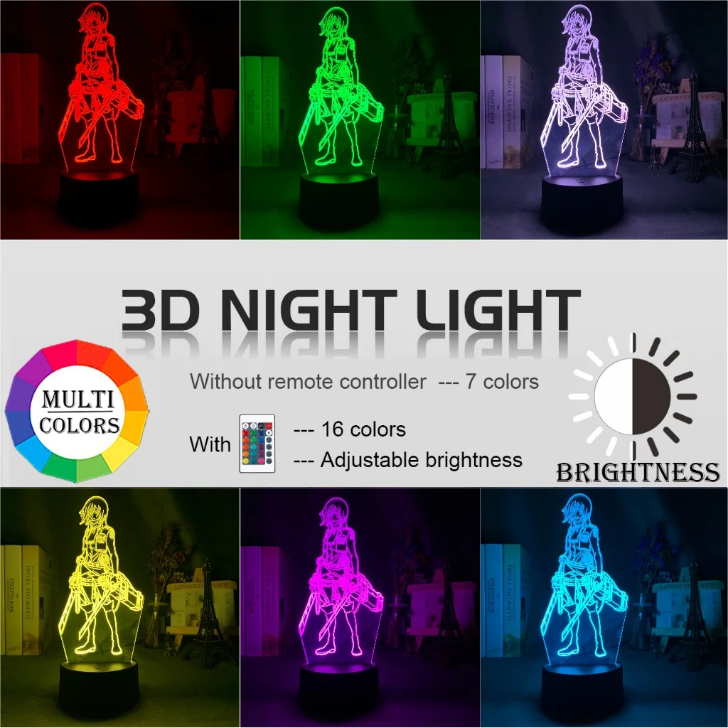 

3D Night Light Titan Mikasa Ackerman Dormitory Room Decoration Light USB Battery Light Multicolor Anime LED Light