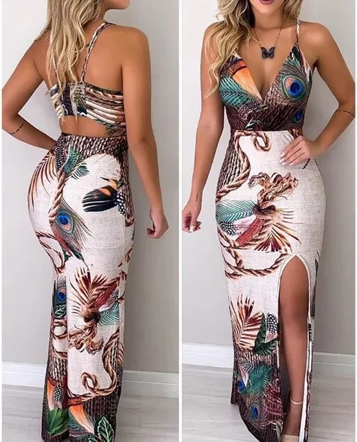 

European and American Peacock Feather Print Sling Strap Close-fitting Dress dress women bandage dress