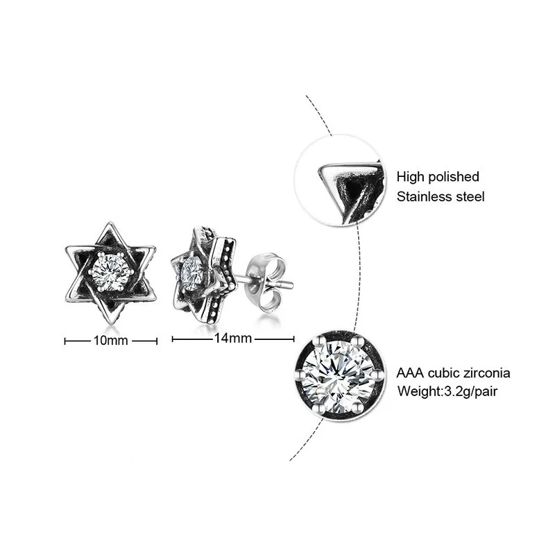 Мужские серьги-гвоздики из нержавеющей стали 10 мм винтажная звезда давида с