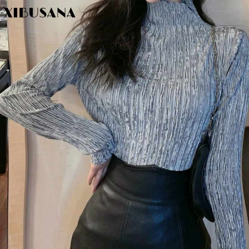 

Women Half Turtleneck Long Sleeve Golden Velvet Bottoming Tops 2021 Spring Autumn Pleated Elegant T-Shirts Female Elastic Shirt