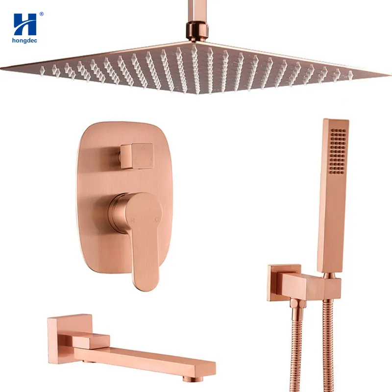 Душевая система Hongdec латунная матовая розовое золото для потолочного крепления с