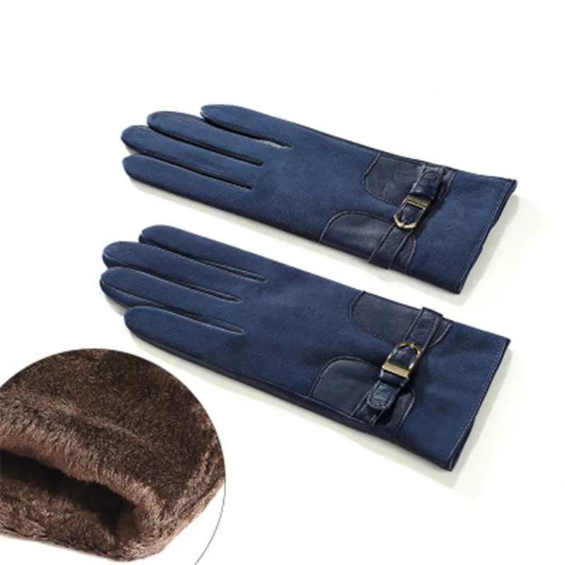 Dark Blue Женские перчатки из натуральной кожи, женские модные перчатки с металлической пряжкой, осенне-зимние замшевые перчатки из овчины с плюшевой подкладкой, 3306 - Цвет: Dark Blue