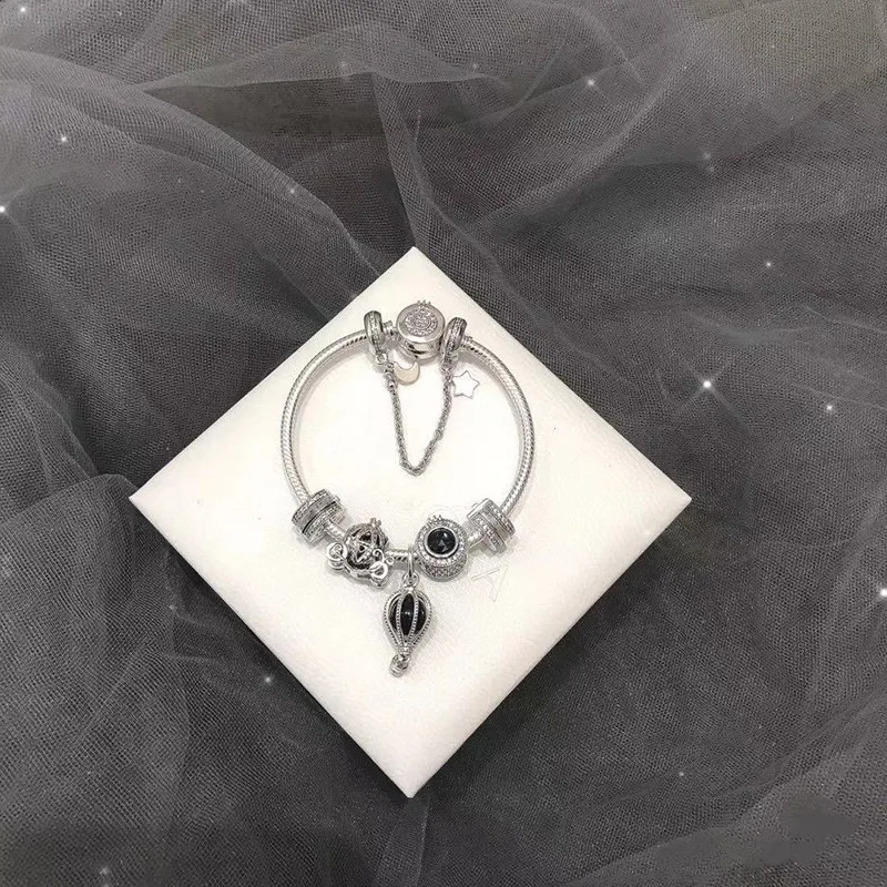 

Original 925 Sterling Silver Hot Air Balloon And Pumpkin Car With Crown Button Set Bracelet For Women Wedding Fashion Jewelry