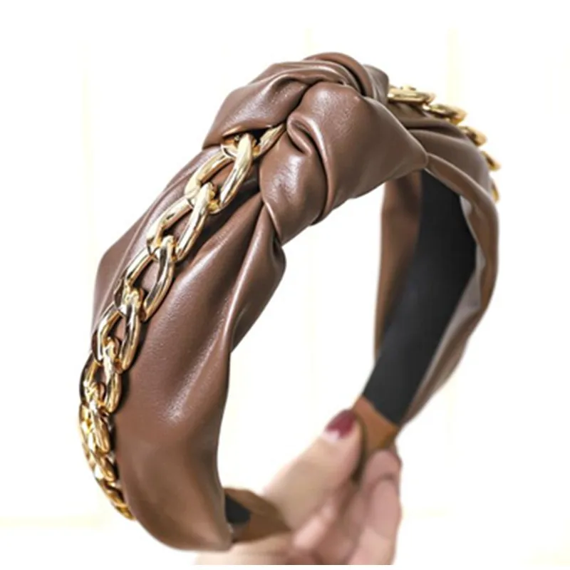 Металлическая цепь обмотки PU повязка для волос женщин Новые однотонные