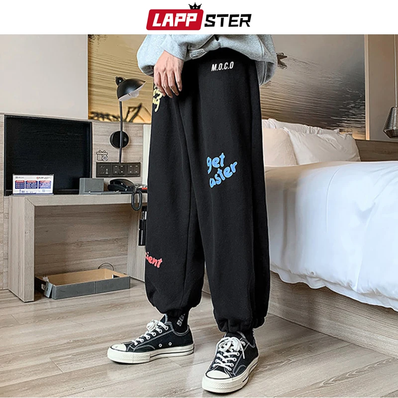 

LAPPSTER Men Harajuku Black Cartoon Fleece Sweatpants 2021 Men Japanese Streetwear Hip Hop Joggers Pants Male Cotton Track Pants