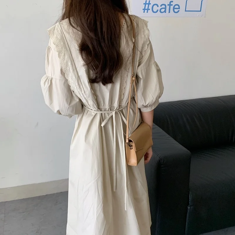 

Court Style Lace Hook Flower Dress Women High Waist Hip A Line Long Vestidos Square Collar Long Sleeve Robe Spring 2021