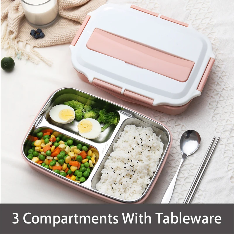 pink w tableware-3 Нержавеющая сталь Термальность контейнеры для еды с отделениями, Герметичная Кружка-порционная коробка Bento для хранения еды контейнер для пикника, офисные школьные Ланч-бокс - Цвет: pink w tableware-3
