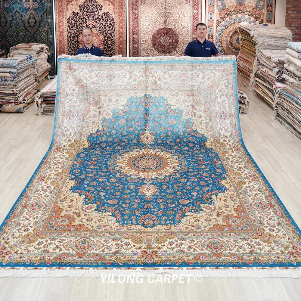 

Yilong 9'x12' Classic Turkish Design Blue Oriental Rug Handmade Silk Persian Carpet (ZQG415A)