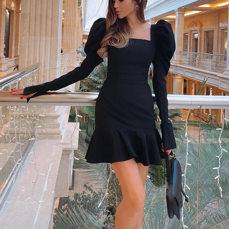 

Bevenccel Long Sleeve Bandage Dress Women Sexy Square Bodycon Summer Dress 2021 Elegant Celebrity Fashion Runway Party Dress