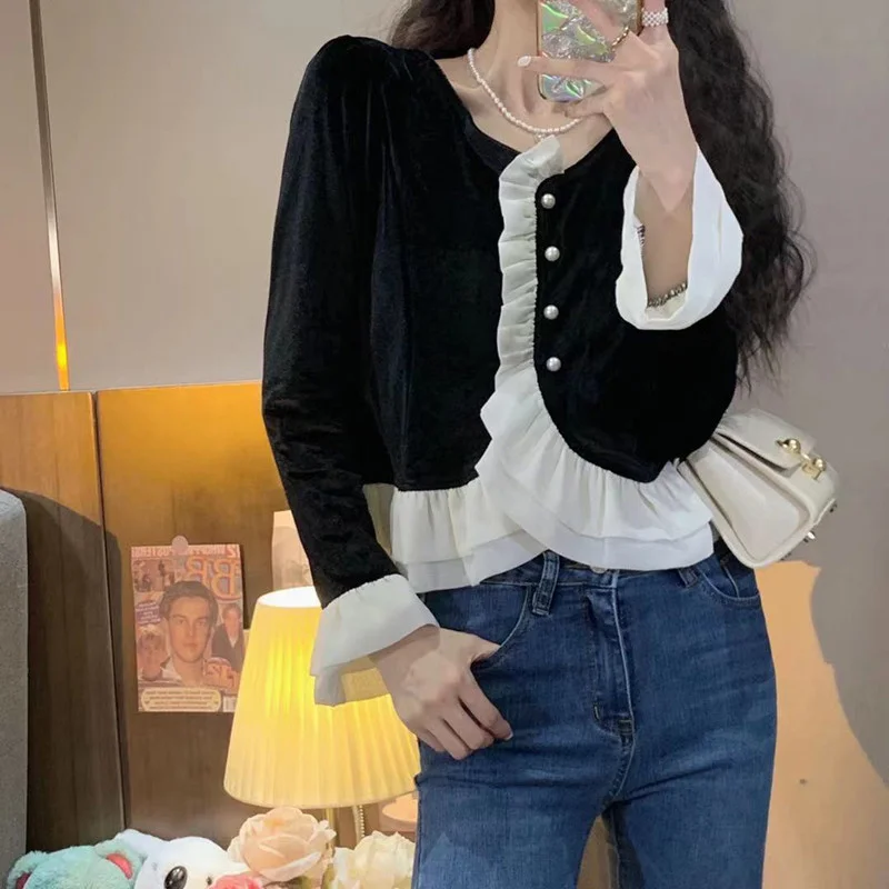 

French Black Shirt Women's Autumn and Winter Design Sense Niche Top New 2021 Velvet Short Long Sleeve Top