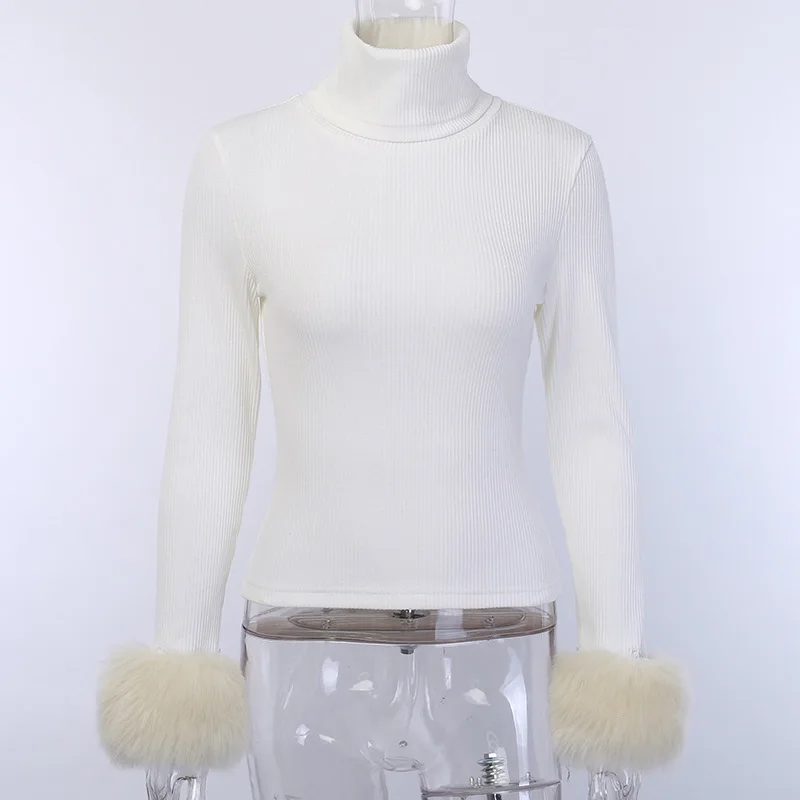 Женский свитер с высоким воротом вязаный меховым рукавом на осень и зиму 2019 |
