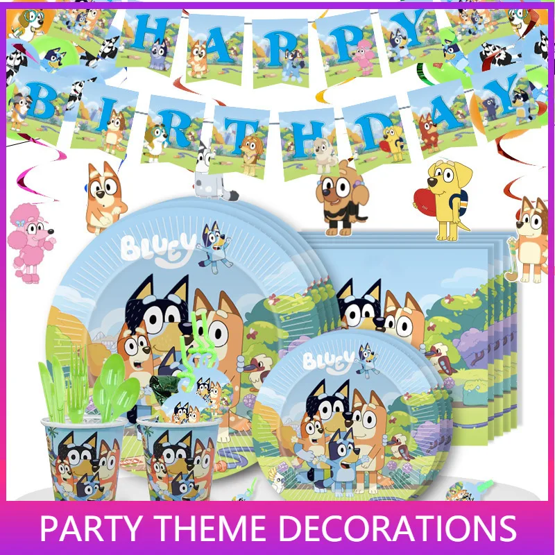 

Cartoon Dog Bingo Theme Birthday Party Decorations Kids Disposable Tableware Set Baby Shower Blue Puppy Party Decor Supplies