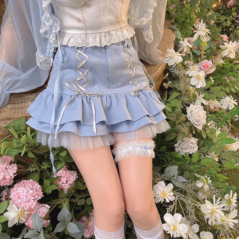 

Japanese Kawaii Mini Skirt Women Summer Casual Designer Elegant Lolita Sexy Skirt High Waist Lace Bandage Y2k Sweet Skirt 2021