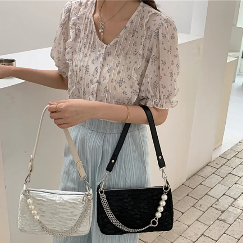 

Retro Design Women Underarm Bag Fashion Pearl Chains Ladies Small Shoulder Bags Jacquard Pleated Female Tote Purse Handbags
