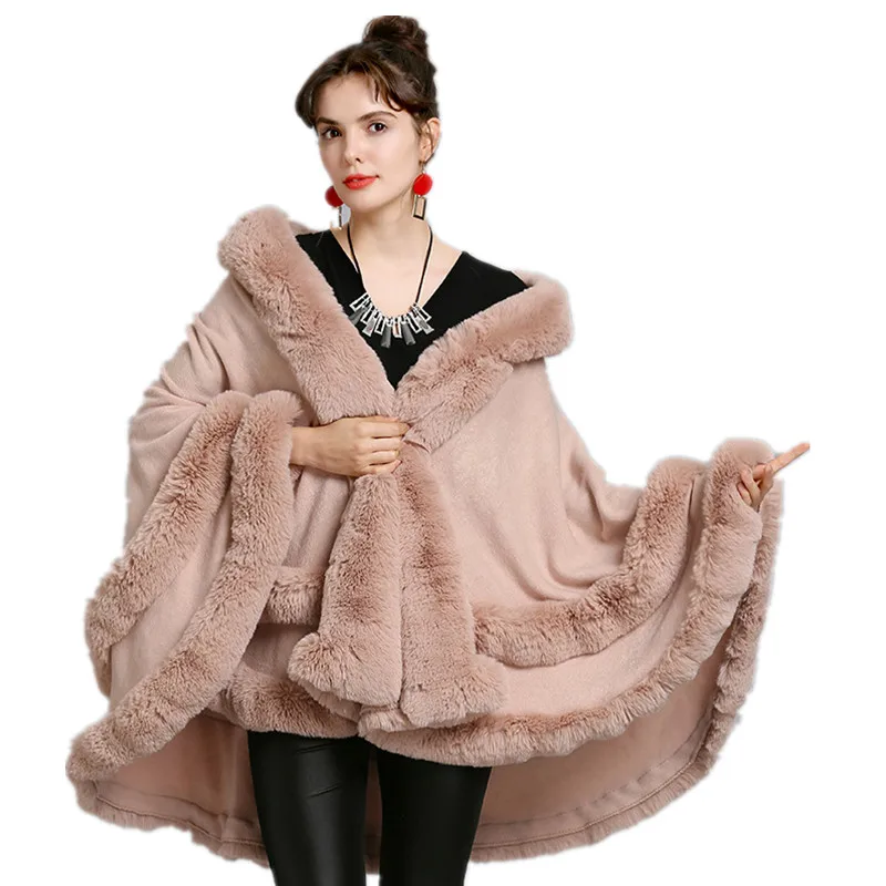

Women's poncho khaki black poncho cloak big faux fox fur collar cardigan warm big swing loose batwing sleeve fur coat кейп женск