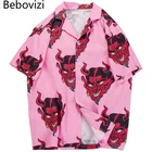 Рубашка Bebovizi мужская с принтом демона в японском стиле, Пляжная Повседневная, с коротким рукавом, гавайская уличная одежда в стиле хип-хоп Харадзюку, Розовый Топ