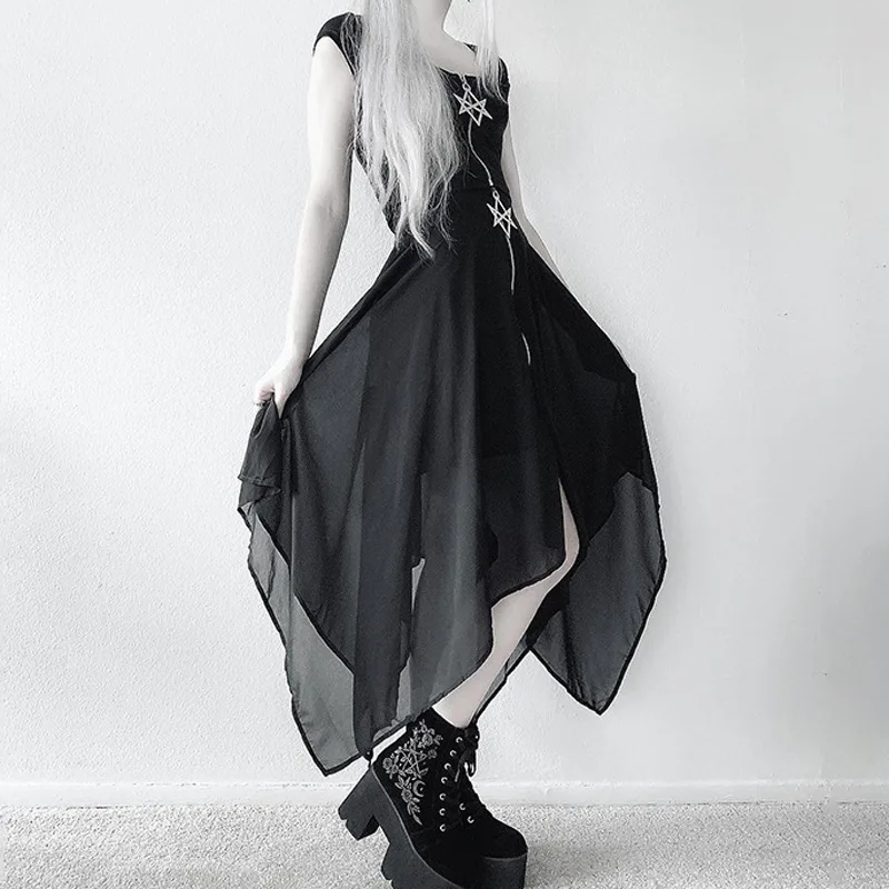 

GothGotik Sexy Gauze Skirts For Woman Balck Gothic Style Asymmetrical Mid-Calf Chiffon Dress Punk Summer