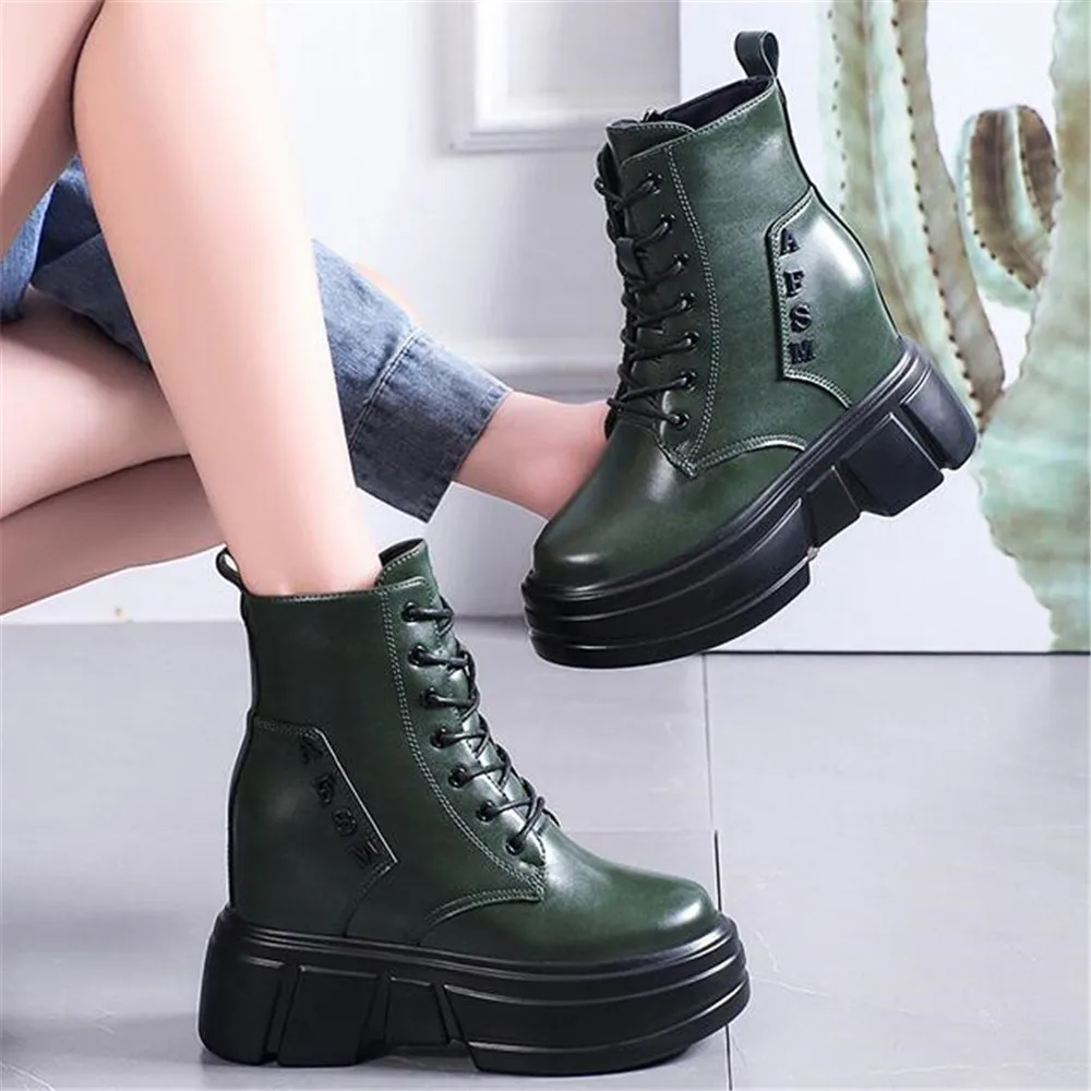 

2022 New Autumn Fashion Platform Booties Women Leather Wedges Ankle Boots Female Punk Style High Heels Shoes Beige Black Green