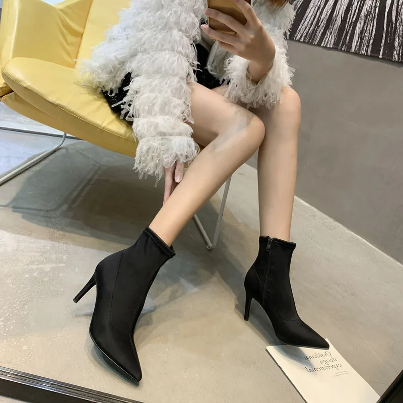 Ботинки на тонком каблуке носки и ботинки Осень-зима 2019 г. Новая эластичная обувь